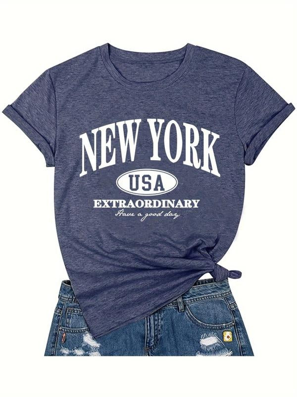 Women's Letter & Figure Print Round Neck Graphic Tee, Vintage Trendy Casual Short Sleeve T-shirt For Daily Wear, Ladies...