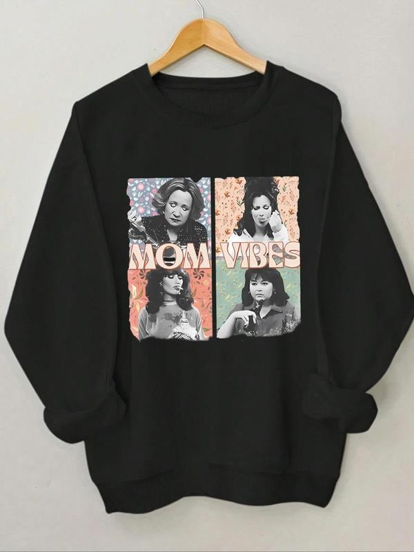 Women's Letter & Figure Print Round Neck Sweatshirt, Trendy Casual Long Sleeve Pullover for Daily Wear, Ladies Clothes...