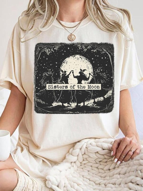 Women's Letter & Figure Print Round Neck Tee, Casual Drop Shoulder Half Sleeve T-shirt for Summer, Fashion Women's Top...