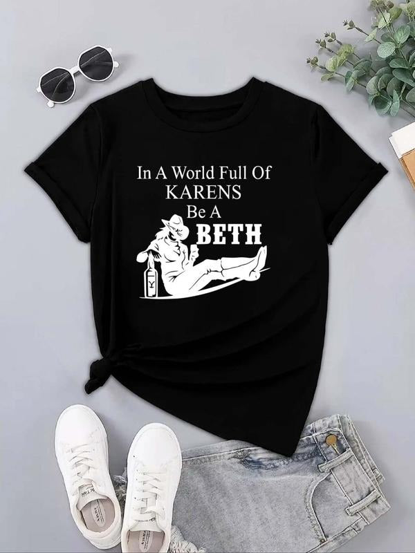 Women's Letter & Figure Print Round Neck Tee, Casual Short Sleeve Crew Neck T-shirt, Ladies Summer Outfit Hoodie, Sweatshirt