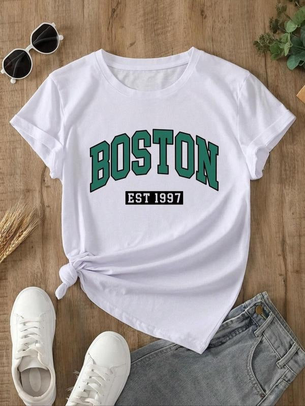 Women's Letter & Figure Print Round Neck Tee, Casual Short Sleeve T-shirt for Daily Wear, Ladies Summer Outfit 2024...
