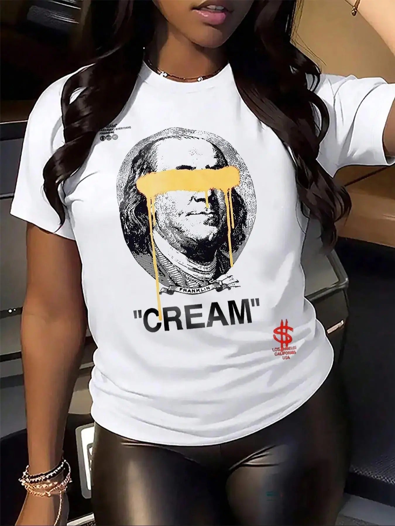 Women's Letter & Figure Print Round Neck Tee, Fashion Casual Crew Neck Short Sleeve T-shirt for Daily Holiday Vacation...