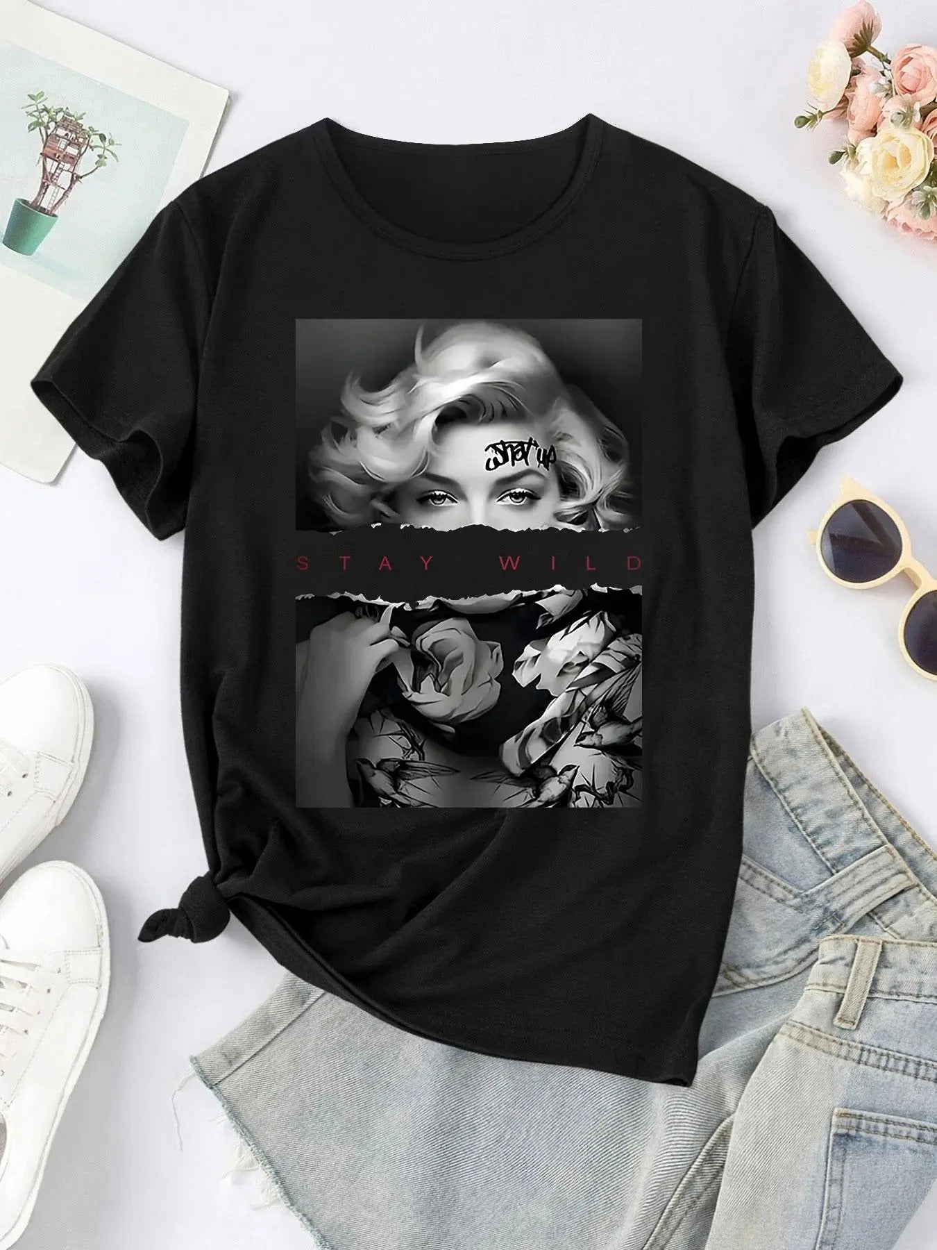 Women's Letter & Figure Print Round Neck Tee, Trendy Casual Short Sleeve T-shirt for Daily Wear, Ladies Summer Outfit...