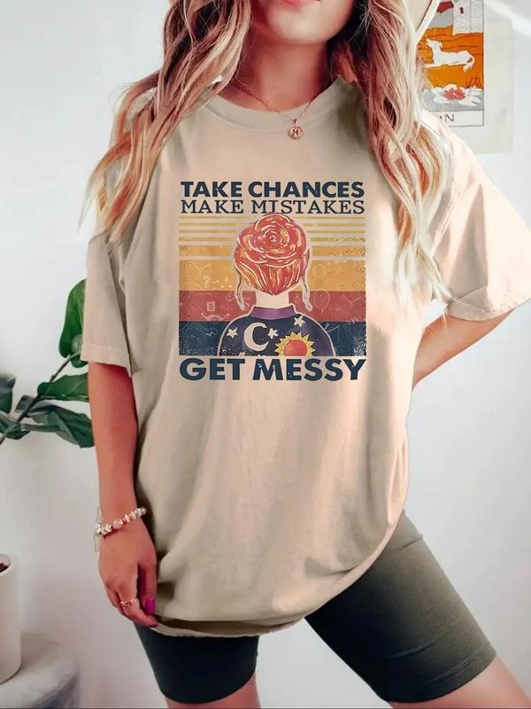 Women's Letter & Figure Print Round Neck Tee, Trendy Casual Striped Print Drop Shoulder Short Sleeve T-shirt for Daily...