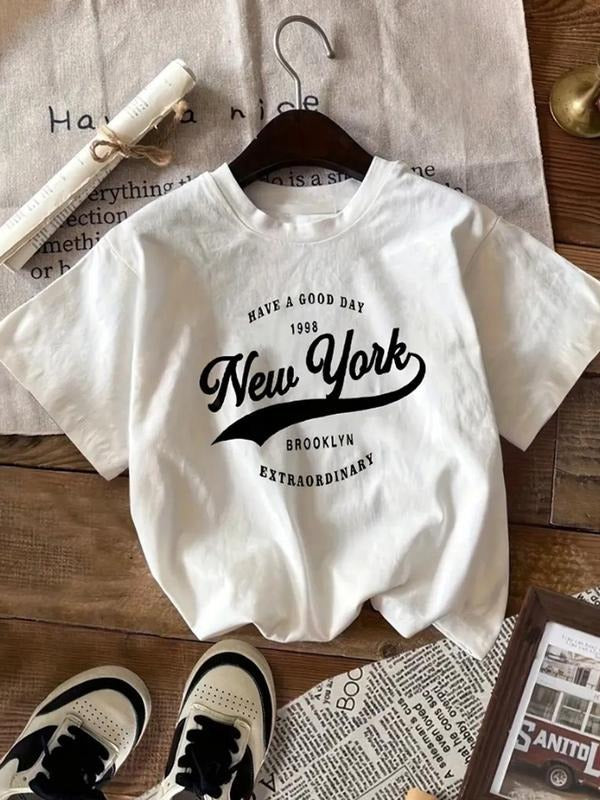 Women's Letter & Figure Print Round Neck Tee, Vintage Trendy Casual Short Sleeve T-shirt for Daily Wear, Ladies All...