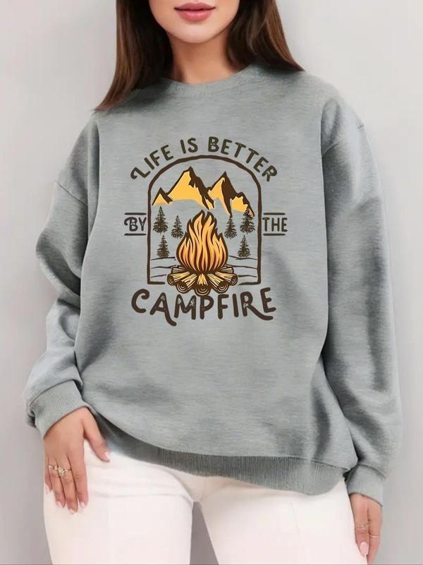 Women's Letter & Fire Print Drop Shoulder Sweatshirt, Casual Long Sleeve Round Neck Pullover for Fall & Winter, Ladies...