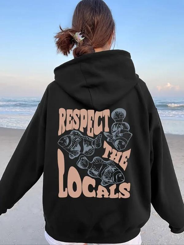 Women's Letter & Fish Print Drop Shoulder Hoodie, Fashion Casual Drawstring Pocket Hooded Sweatshirt for Daily Holiday...