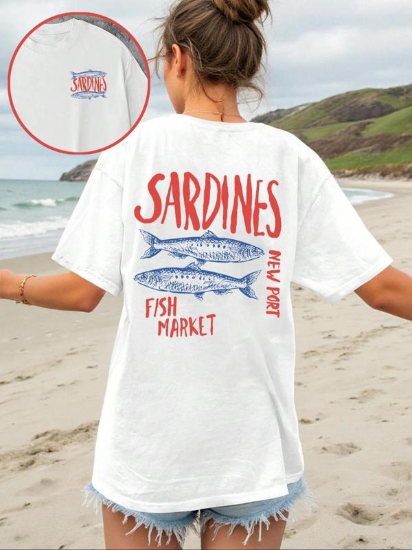 Women's Letter & Fish Print Round Neck Tee, Vintage Trendy Casual Short Sleeve T-shirt for Daily Wear, Ladies Summer...