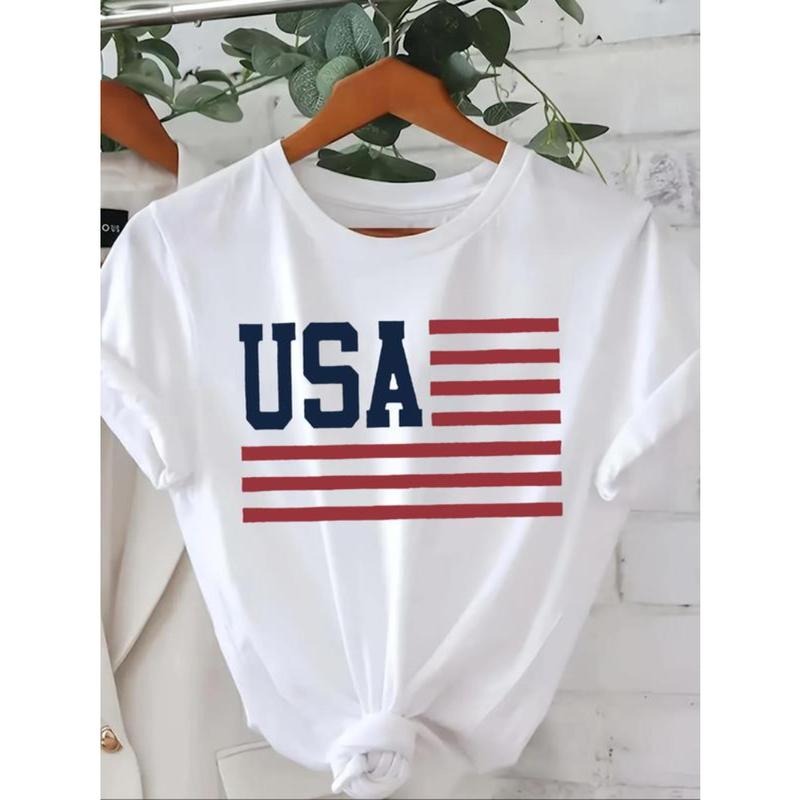 Women's Letter & Flag  Round Neck Tee, Casual Short Sleeve T-shirt for Daily Wear, Ladies Clothes for All Seasons Hoodie,...