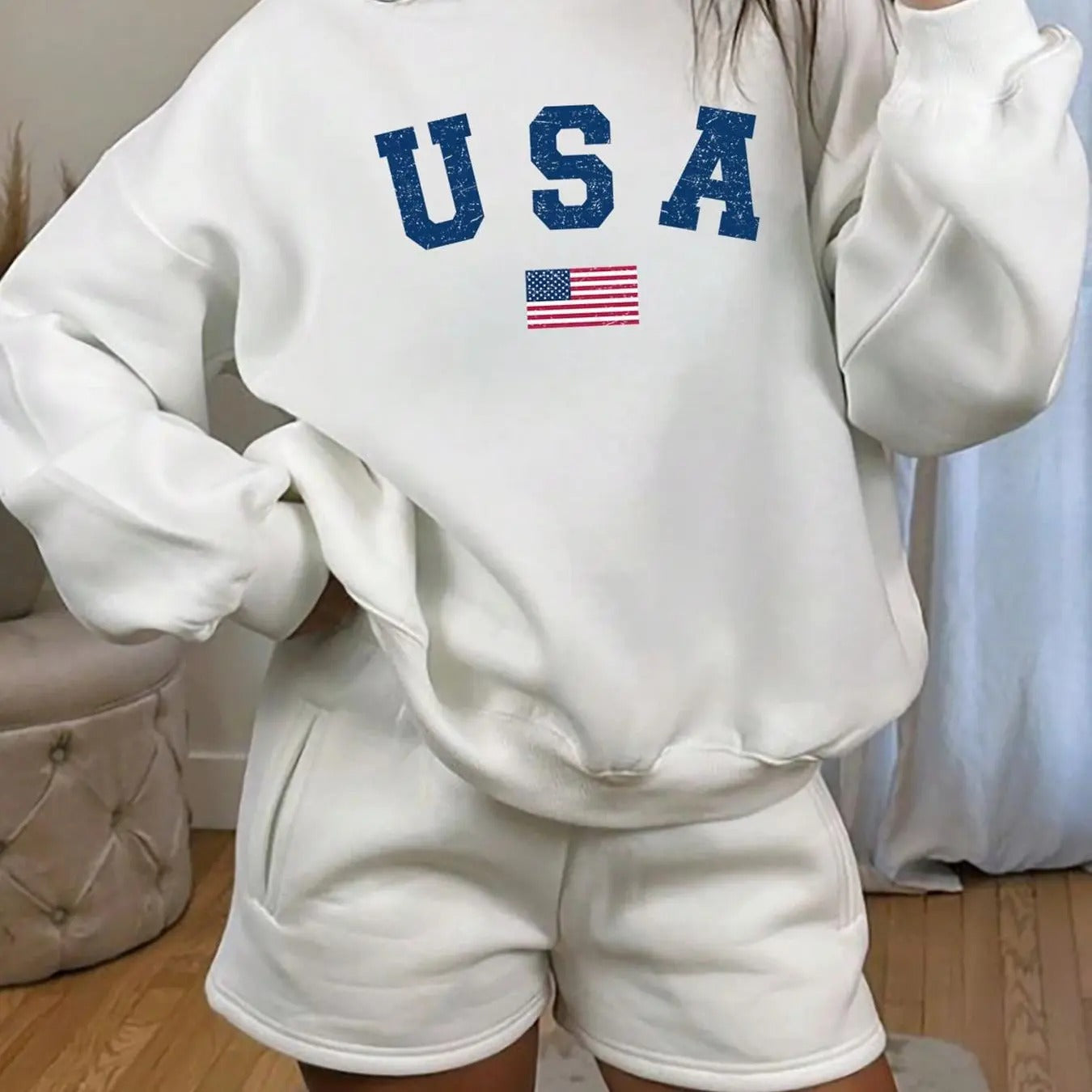 Women's Letter & Flag Print Crew Neck Sweatshirt, Casual Long Sleeve Pullover for Fall & Winter, Women's Clothes for...