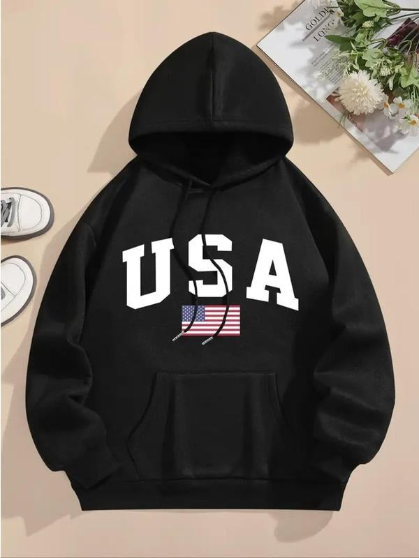 Women's Letter & Flag Print Drop Shoulder Hoodie, Fashion Casual Drawstring Pocket Hooded Sweatshirt for Daily Holiday...
