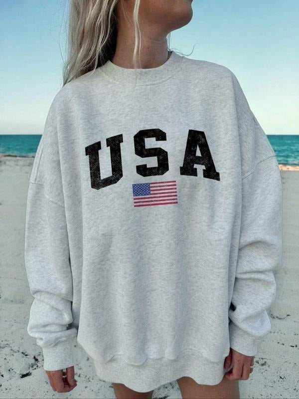 Women's Letter & Flag Print Drop Shoulder Sweatshirt, Casual Long Sleeve Round Neck Pullover for Fall & Winter, Ladies...
