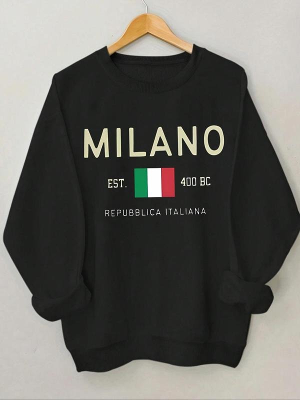 Women's Letter & Flag Print Round Neck Sweatshirt, Casual Long Sleeve Crew Neck Pullover for Spring & Fall, Fashion...