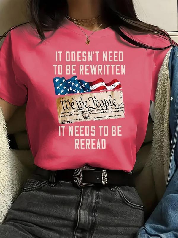Women's Letter & Flag Print Round Neck Tee, Casual Short Sleeve Crew Neck T-Shirt for Summer, Fashion Women's Top for...