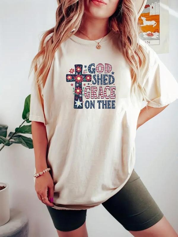 Women's Letter & Flag Print Round Neck Tee, Casual Short Sleeve Crew Neck T-shirt for Daily Wear, Ladies Clothes for All...