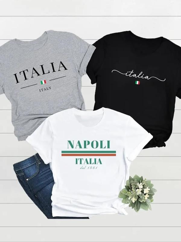 Women's Letter & Flag Print Round Neck Tee, Comfort Casual Short Sleeve Crew Neck T-Shirt for Daily Wear, Ladies Summer...