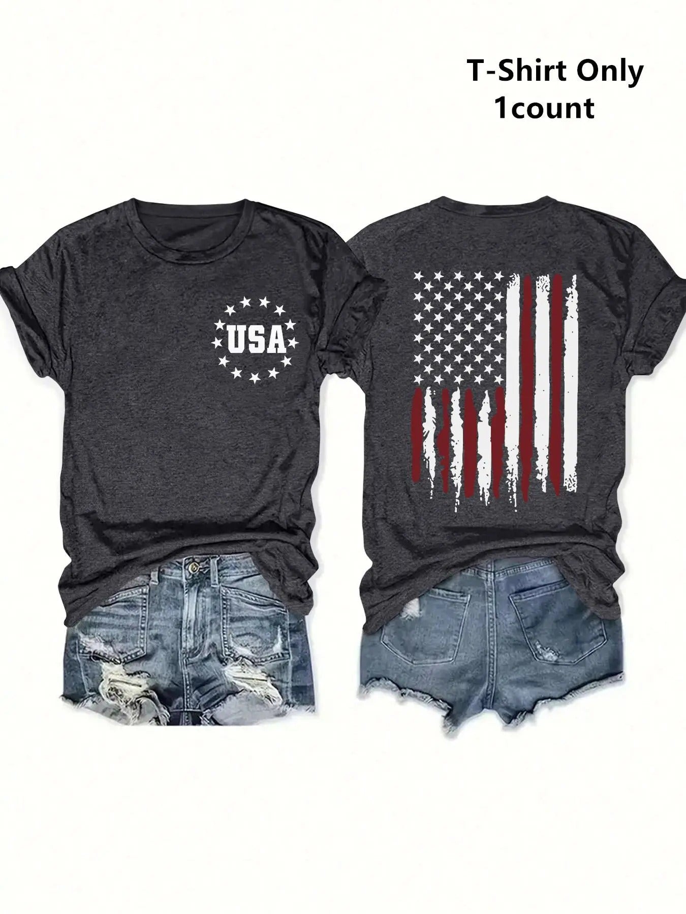 Letter & Flag Print Round Neck Casual Short Sleeve Daily Summer T-Shirts, Hoodie, Sweatshirt