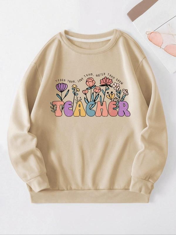 Women's Letter & Floral Print Fitted Drop Shoulder Long Sleeve Crewneck Sweatshirt, Womenswear Tops, Lady Casual Comfort...