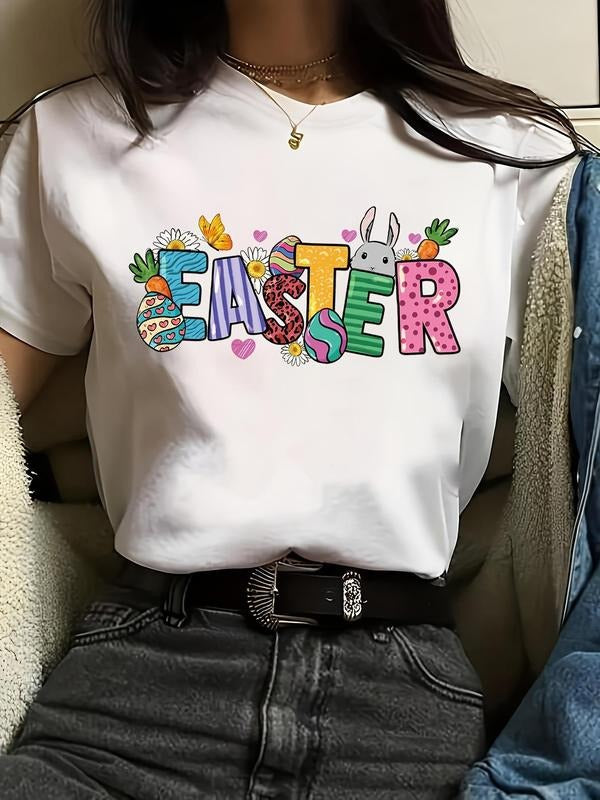 Women's Letter & Floral Print Round Neck Tee, Vintage Trendy Casual Short Sleeve T-shirt for Daily Wear, Ladies All...
