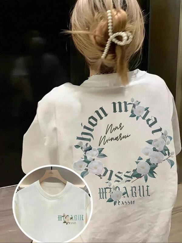 Women's Letter & Floral Print Round Neck Tee, Vintage Trendy Casual Short Sleeve T-shirt for Daily Wear, Ladies Summer...