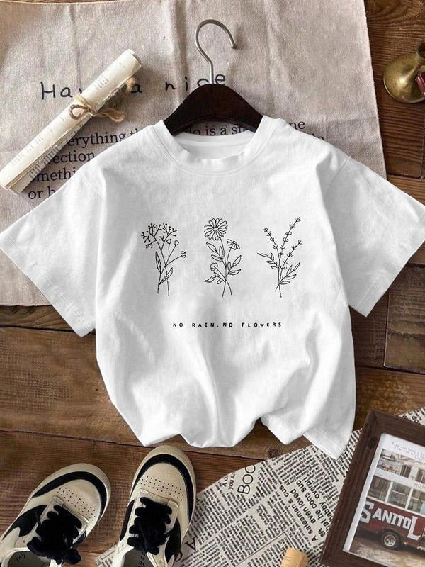 Women's Letter & Flower Print Round Neck Tee, Casual Short Sleeve Crew Neck T-Shirt for Summer, Fashion Women's Top for...