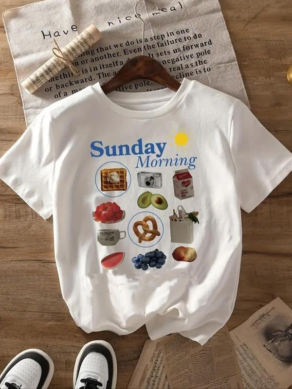Women's Letter & Food Print Round Neck Tee, Casual Short Sleeve Crew Neck T-Shirt for Summer, Fashion Women's Top for...