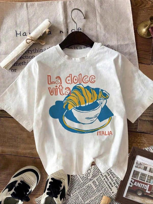 Women's Letter & Food Print Round Neck Tee, Casual Short Sleeve T-shirt for Daily Wear, Ladies Clothes for All Seasons,...
