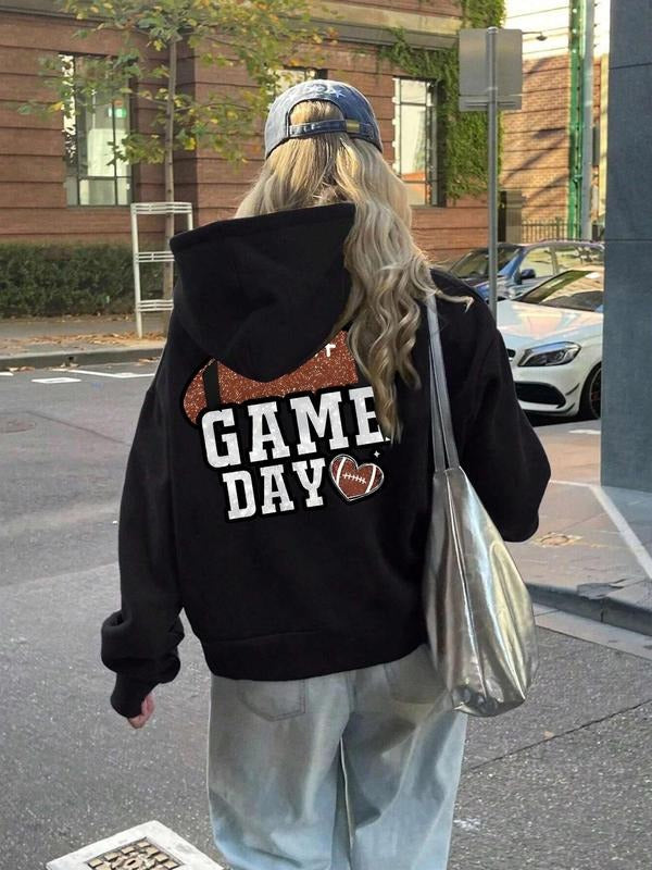 Women's Letter & Football Print Drop Shoulder Hoodie, Fashion Casual Drawstring Pocket Hooded Sweatshirt for Daily...