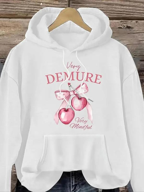 Women's Letter & Fruit Print Drop Shoulder Hoodie, Fashion Casual Drawstring Pocket Hooded Sweatshirt for Daily Holiday...