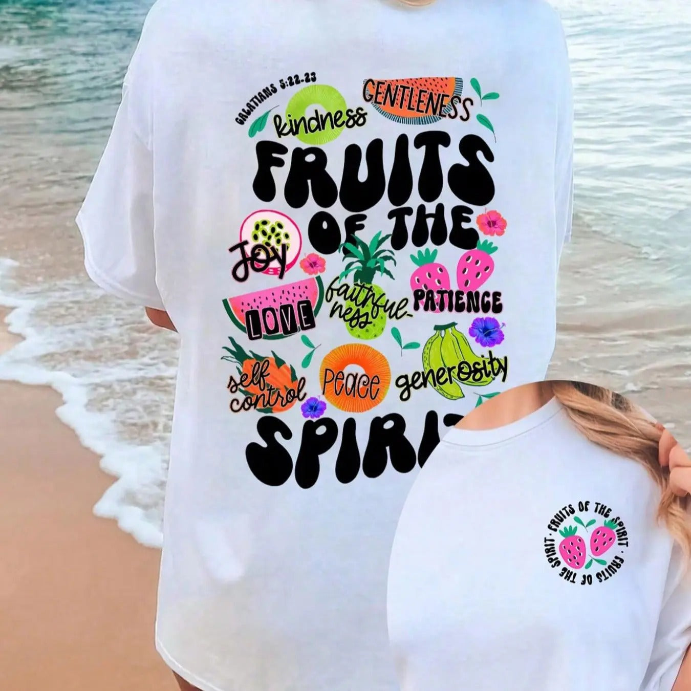 Letter & Fruit Print Drop Shoulder Casual Crew Neck Daily Outdoor Summer Clothes T-Shirts, Hoodie, Sweatshirt