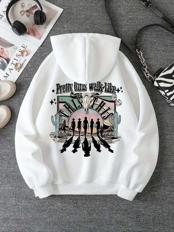 Women's Letter & Geometric Print Drawstring Hoodie, Fashion Casual Hooded Sweatshirt for Daily Holiday Outdoor Wear,...