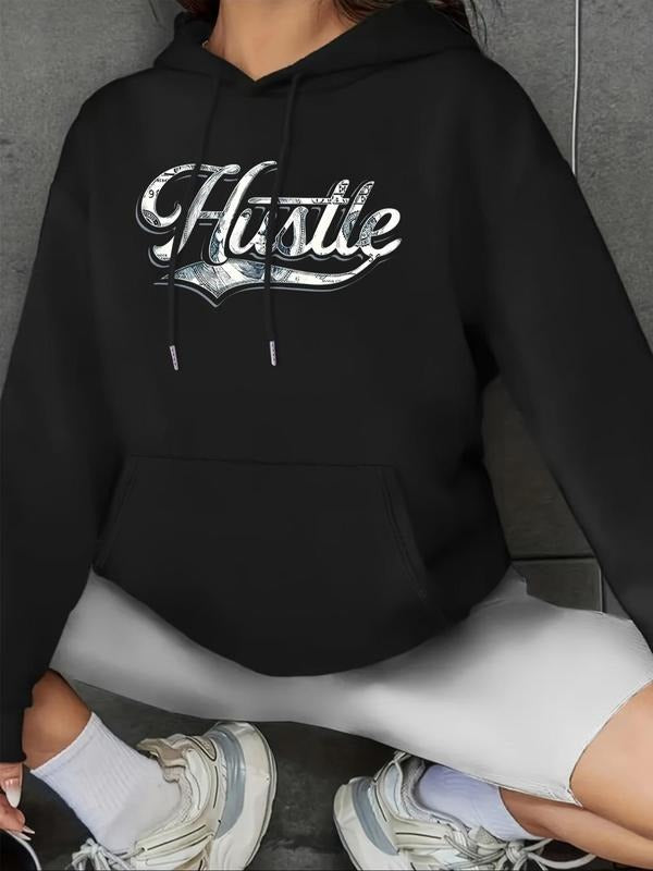 Women's Letter & Geometric Print Drop Shoulder Hoodie, Fashion Casual Drawstring Kangaroo Pocket Hooded Sweatshirt for...