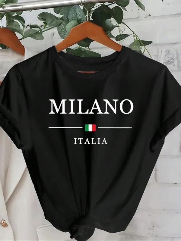 Women's Letter & Geometric Print Round Neck Tee, Casual Short Sleeve Crew Neck T-Shirt for Summer, Fashion Women's Top...