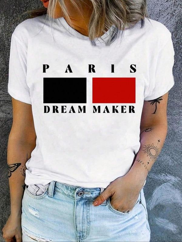 Women's Letter & Geometric Print Round Neck Tee, Vintage Trendy Casual Short Sleeve T-shirt for Daily Wear, Ladies Summer...