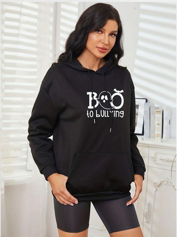 Women's Letter & Ghost Print Drop Shoulder Hoodie, Fashion Casual Drawstring Pocket Hooded Sweatshirt for Daily Holiday...