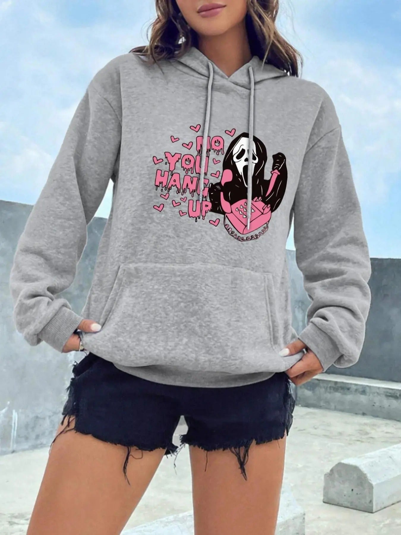 Women's Letter & Ghost Print Pocket Drawstring Hoodie, Fashion Casual Drop Shoulder Long Sleeve Hooded Sweatshirt for...