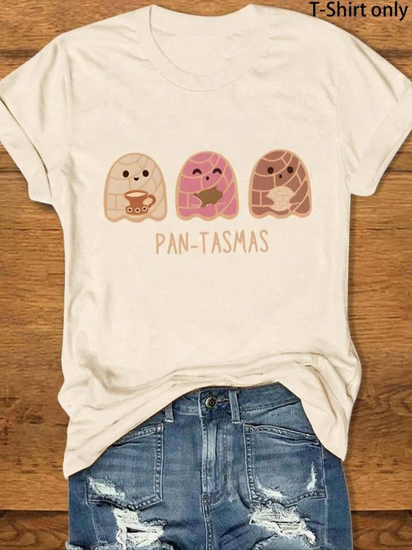 Women's Letter & Ghost Print Round Neck Tee, Casual Short Sleeve Crew Neck T-Shirt for Fall & Winter, Women's Top for...