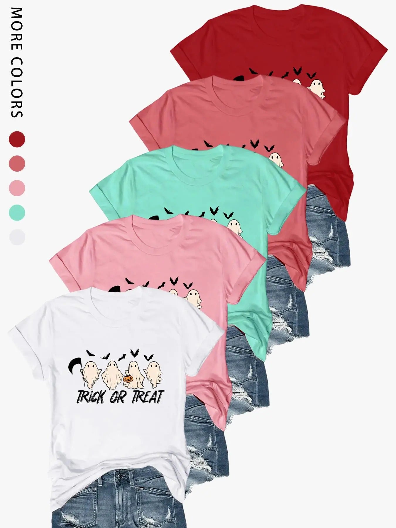 Women's Letter & Ghost Print Short Sleeve Tee, Cute Casual Round Neck T-Shirt for Daily Holiday Vacation Outdoor Wear,...