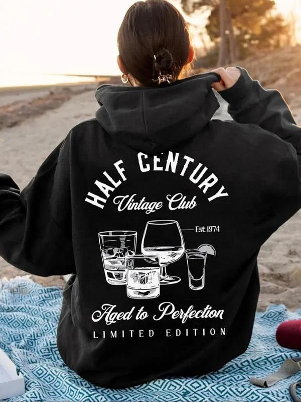Women's Letter & Glass Print Drop Shoulder Hoodie, Fashion Casual Drawstring Pocket Hooded Sweatshirt for Daily Holiday...