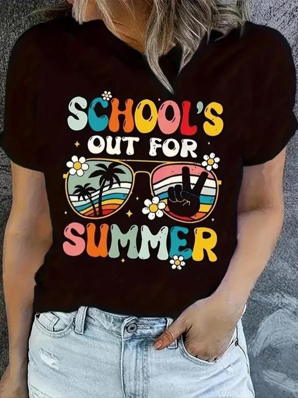 Women's Letter & Glasses Print Round Neck Tee, Trendy Casual Short Sleeve T-shirt for Daily Wear, Ladies Summer Outfit...