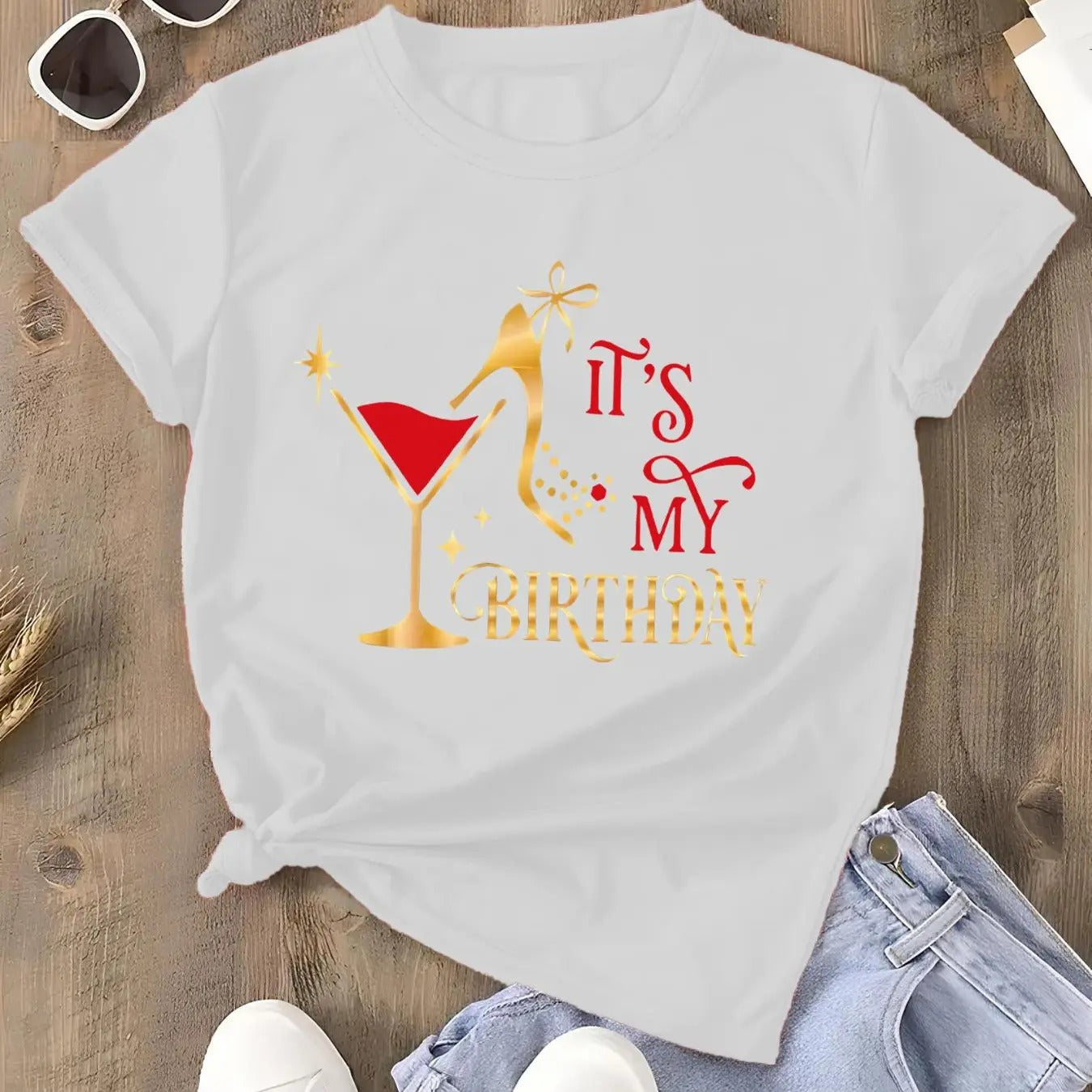 Women's Letter & Goblet & High Heels Print Round Neck Tee, Trendy Casual Short Sleeve T-Shirt for Daily Wear, Ladies All...