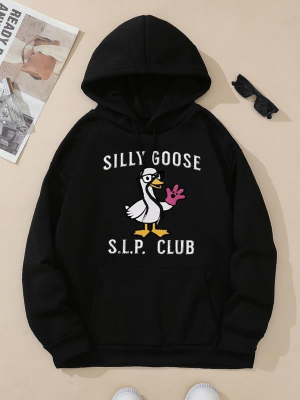 Women's Letter & Goose Print Drawstring Pocket Hoodie, Fashion Casual Hooded Sweatshirt for Daily Holiday Outdoor Wear,...