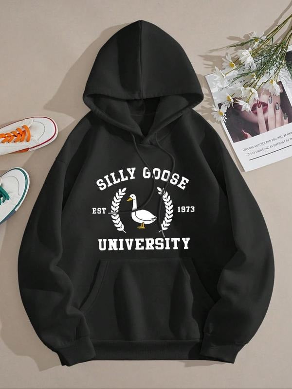 Women's Letter & Goose Print Drop Shoulder Hoodie, Fashion Casual Drawstring Pocket Hooded Sweatshirt for Daily Holiday...
