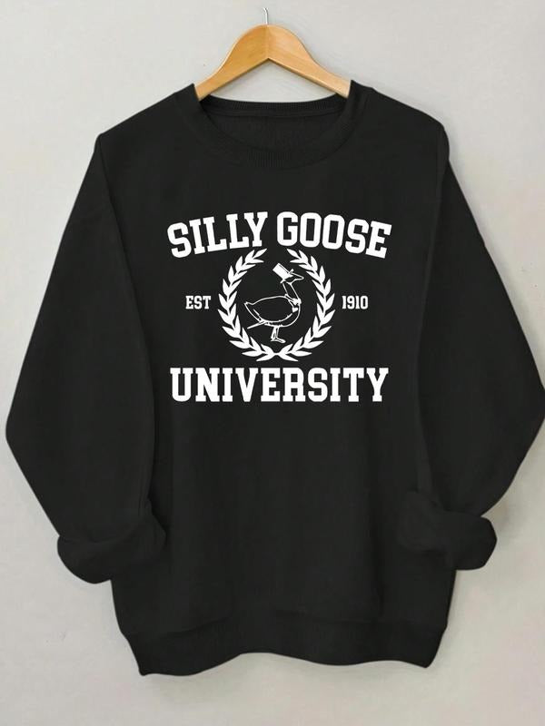 Women's Letter & Goose Print Round Neck Sweatshirt, Casual Long Sleeve Crew Neck Pullover for Fall & Winter, Women's...