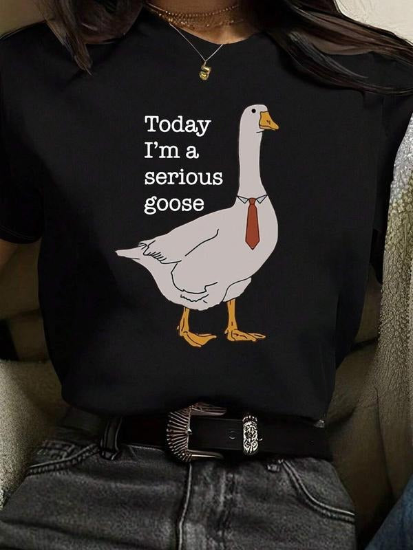 Women's Letter & Goose Print Round Neck Tee, Casual Comfy Short Sleeve T-shirt for Summer, Fashion Women's Top for Daily...