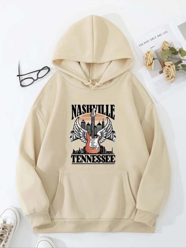 Women's Letter & Guitar Print Drawstring Pocket Hoodie, Casual Comfy Long Sleeve Hooded Sweatshirt For Daily Wear,...