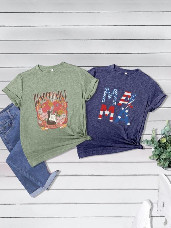 Women's Letter & Guitar Print Round Neck Tee, Casual Short Sleeve T-shirt for Daily Wear, Ladies All Seasons Outfit...