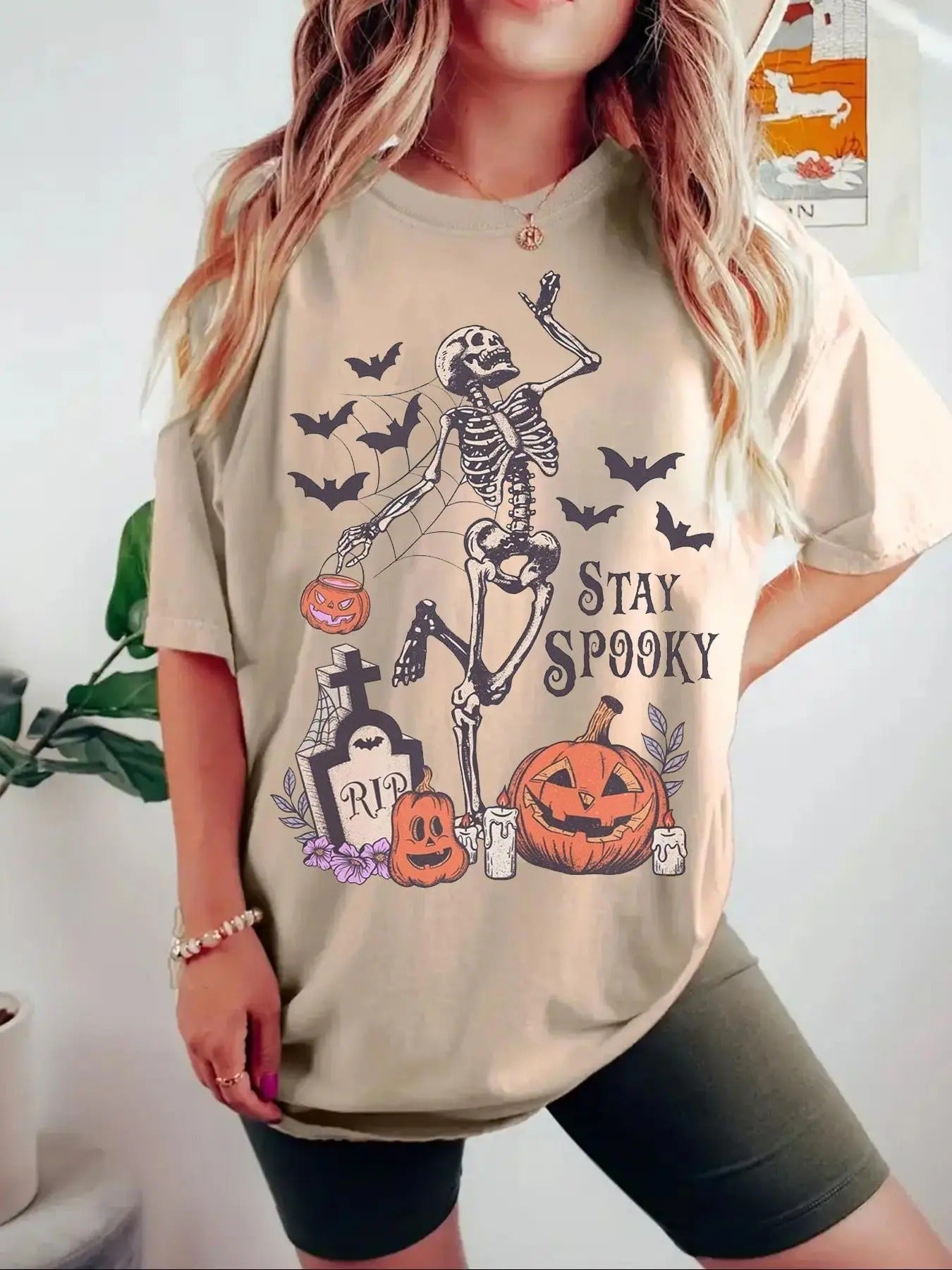 Women's Letter & Halloween Graphic Print Drop Shoulder Tee, Casual Half Sleeve Round Neck T-shirt for Summer, Women's Top...