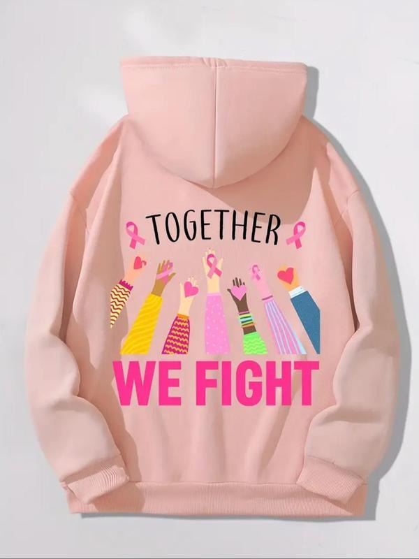 Women's Letter & Hand Print Drop Shoulder Hoodie, Fashion Casual Drawstring Pocket Hooded Sweatshirt for Daily Holiday...