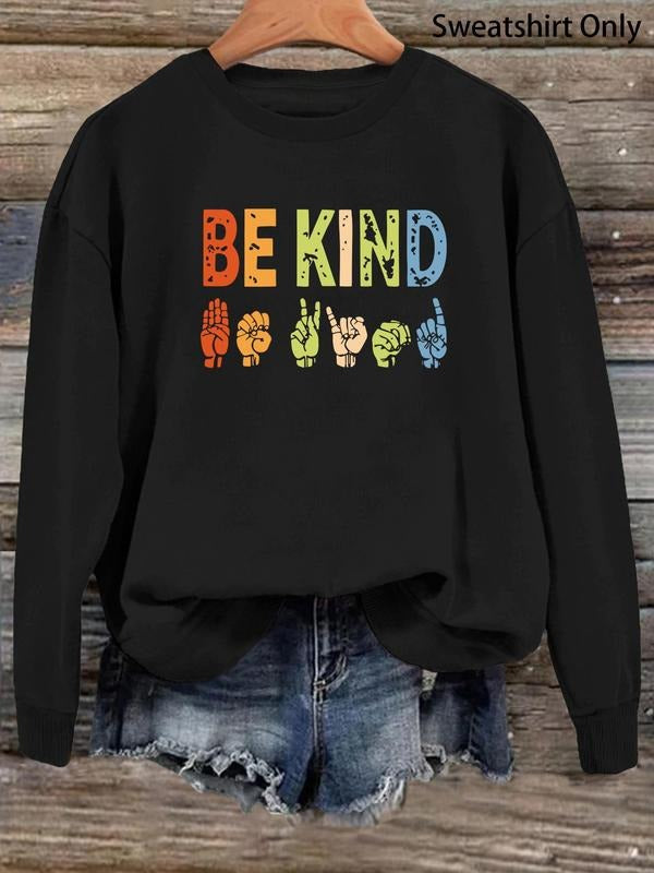 Women's Letter & Hand Print Drop Shoulder Sweatshirt, Casual Long Sleeve Round Neck Pullover for Fall & Winter, Women's...